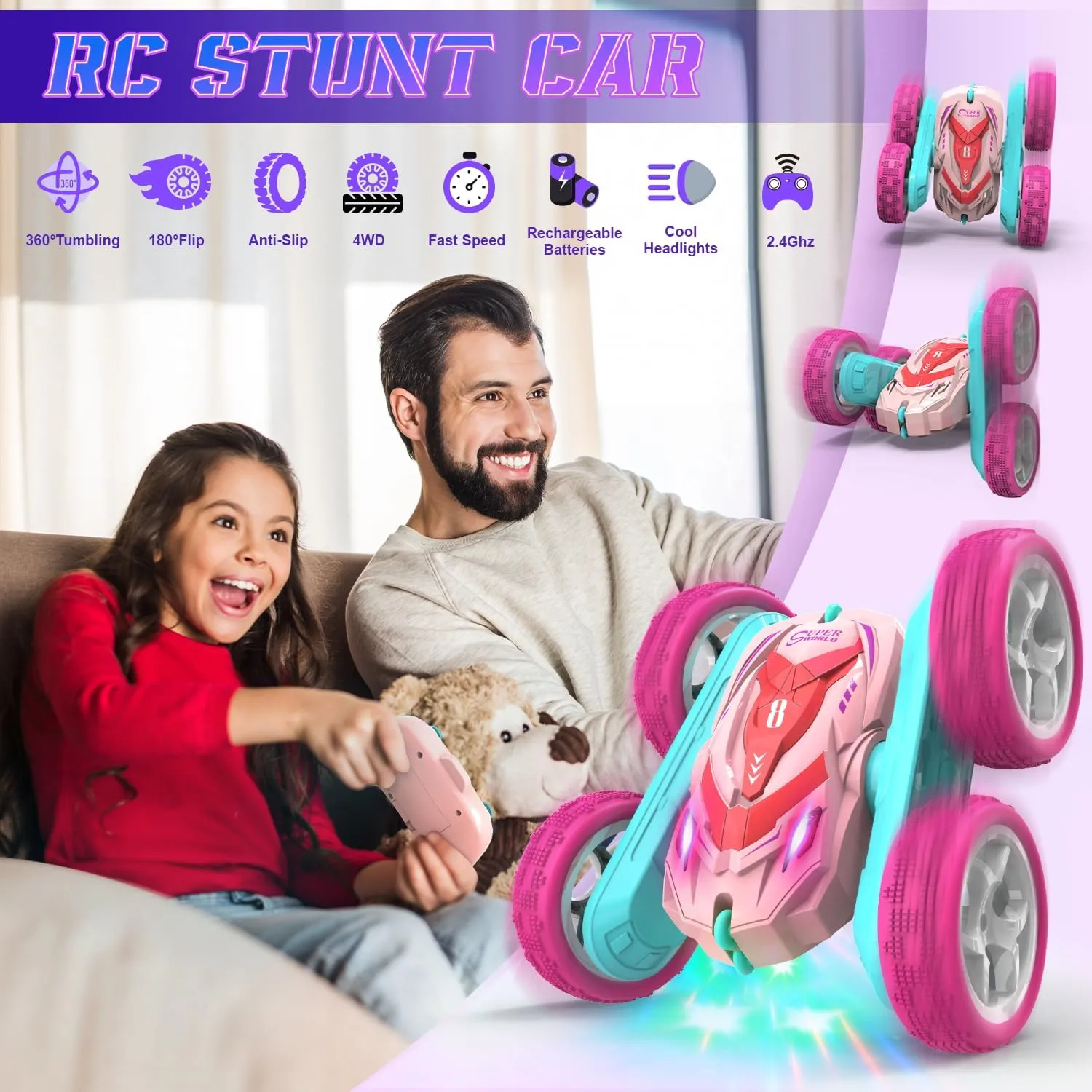RC Stunt Cars, Remote Control Car Double Sided 360° Flip Rotating 4WD 2.4Ghz Rechargeable Car Toy with Headlights For Outdoor & Indoor for 6-12 years old Kids Girls Boys Birthday Xmas Gift, Pink