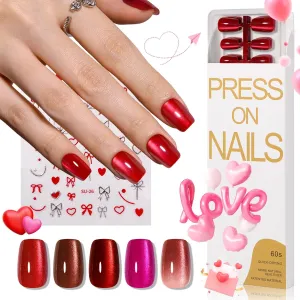 Red Cat Eye Press on Nails Short Square, 5 Color Light to Dark Cherry Red Magnetic Gel Nails with Heart Nail Stickers set for Women Valentine's Day, 150pcs Pre-Builded Fake Nails Manicure Kit