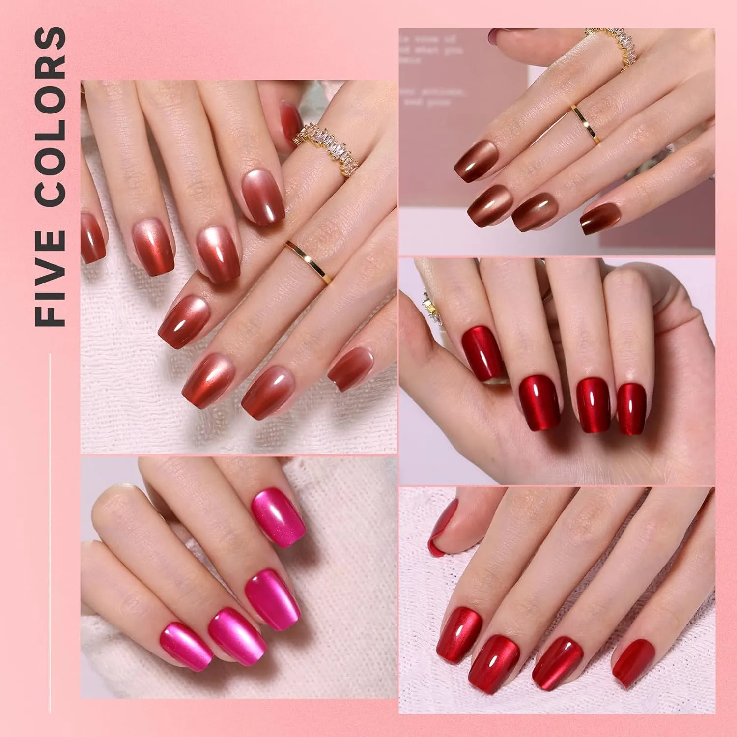 Red Cat Eye Press on Nails Short Square, 5 Color Light to Dark Cherry Red Magnetic Gel Nails with Heart Nail Stickers set for Women Valentine's Day, 150pcs Pre-Builded Fake Nails Manicure Kit