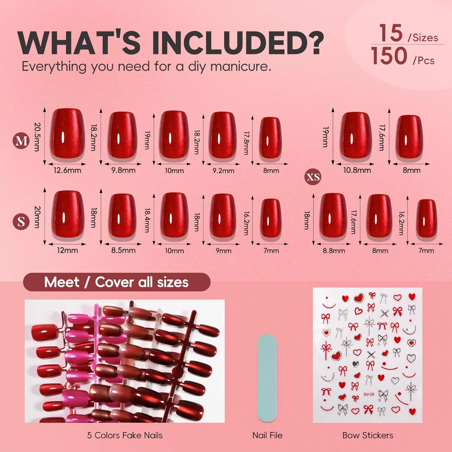 Red Cat Eye Press on Nails Short Square, 5 Color Light to Dark Cherry Red Magnetic Gel Nails with Heart Nail Stickers set for Women Valentine's Day, 150pcs Pre-Builded Fake Nails Manicure Kit