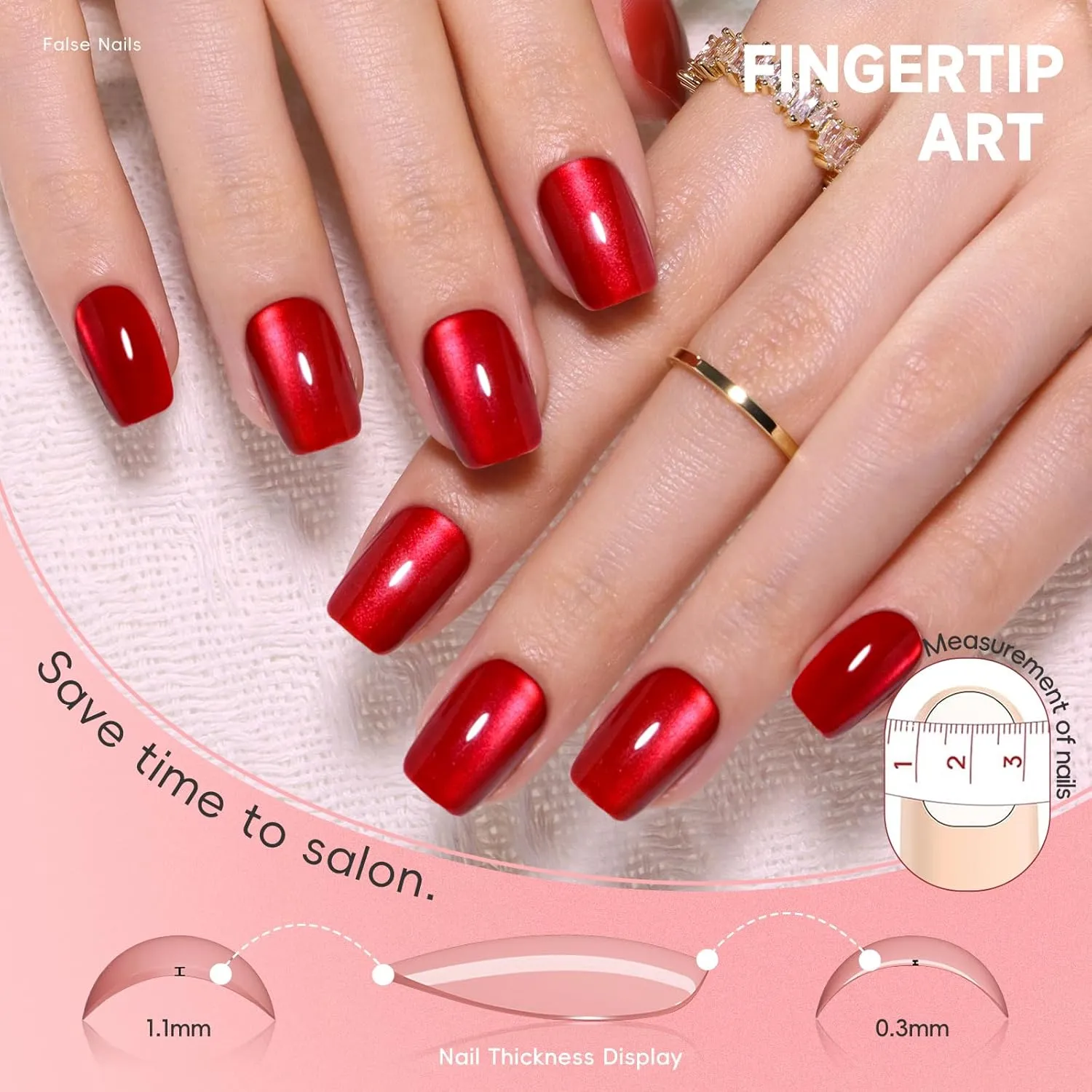 Red Cat Eye Press on Nails Short Square, 5 Color Light to Dark Cherry Red Magnetic Gel Nails with Heart Nail Stickers set for Women Valentine's Day, 150pcs Pre-Builded Fake Nails Manicure Kit