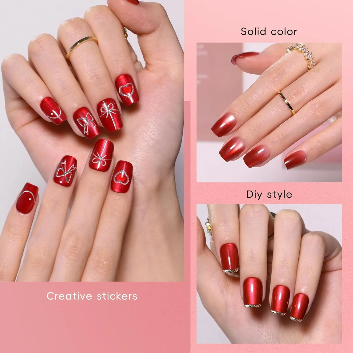 Red Cat Eye Press on Nails Short Square, 5 Color Light to Dark Cherry Red Magnetic Gel Nails with Heart Nail Stickers set for Women Valentine's Day, 150pcs Pre-Builded Fake Nails Manicure Kit