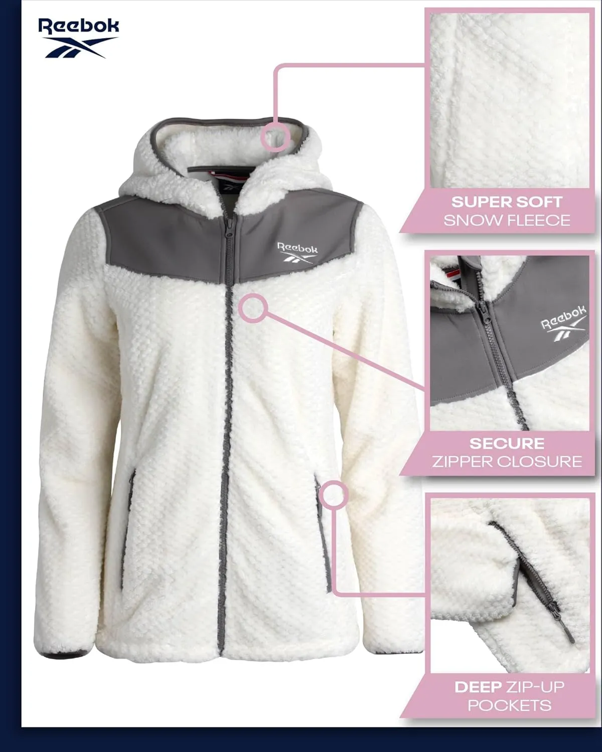 Reebok Women's Fleece Zip Up Jacket - Warm Snow Fleece Winter Jacket with Hood - Insulated Winter Jackets for Women (S-XL)