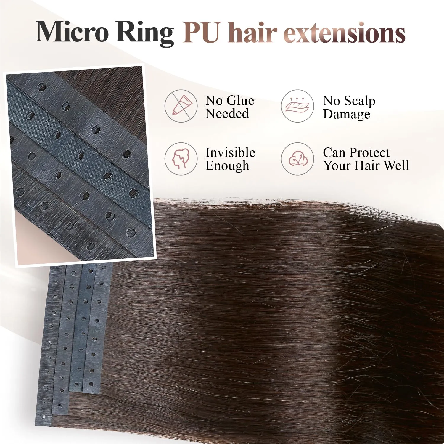 Remy Human Hair Extension Micro Ring PU Hair Extensions Beaded Weft Human Hair Extensions 2# Invisible Skin Weft Tape in Human Hair Extension for Women Dark Brown (35g 4Pcs,16 Inch)