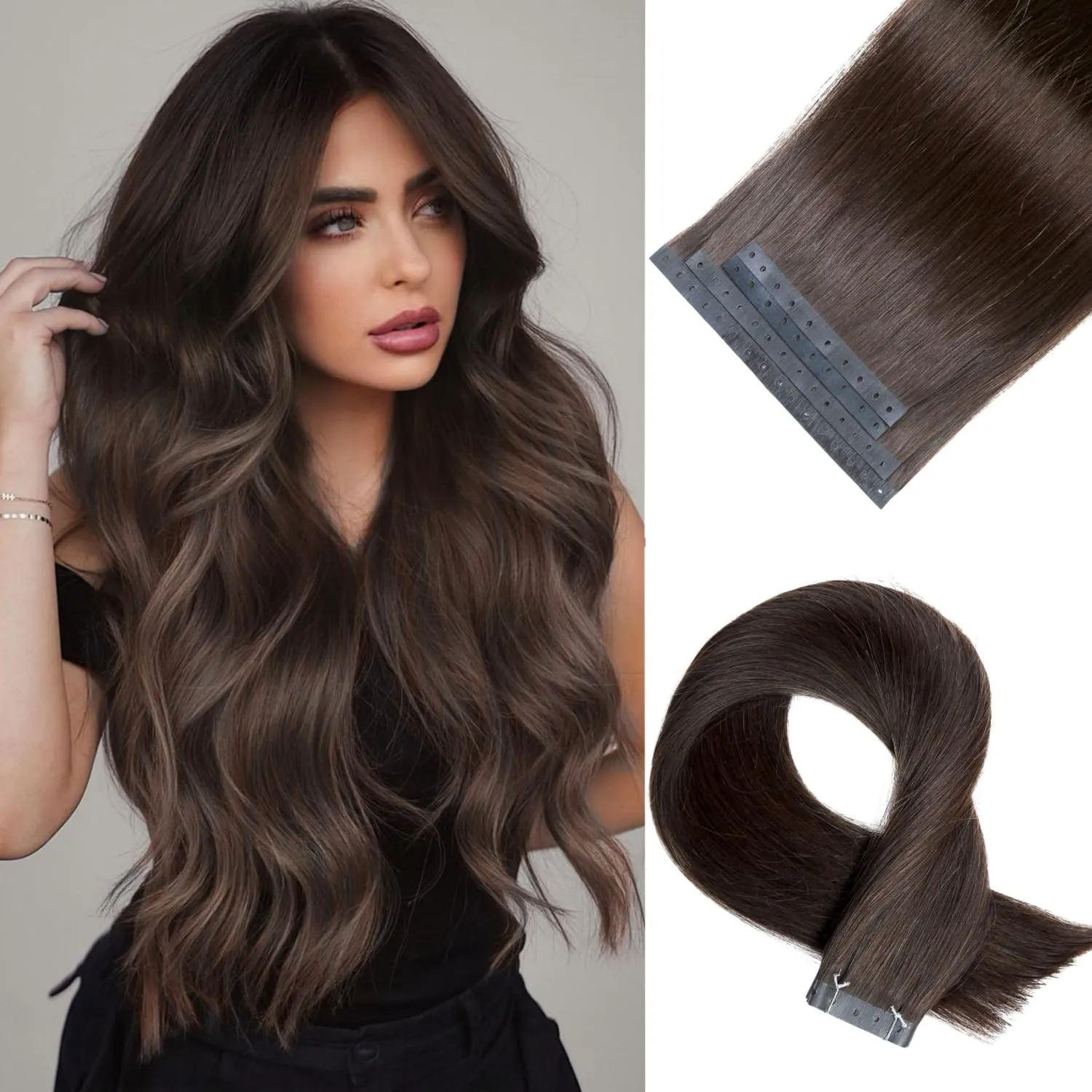 Remy Human Hair Extension Micro Ring PU Hair Extensions Beaded Weft Human Hair Extensions 2# Invisible Skin Weft Tape in Human Hair Extension for Women Dark Brown (35g 4Pcs,16 Inch)