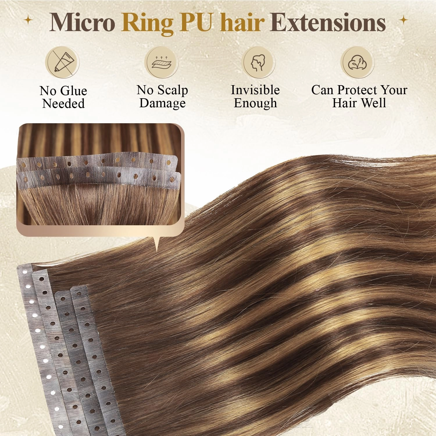Remy Human Hair Extension Micro Ring PU Hair Extensions T4/27 Highlight PU Invisible Hole Weft Human Hair Extensions Bead Weft Hair Extension Tape in Human Hair for Women (40g 4Pcs,22 Inch)