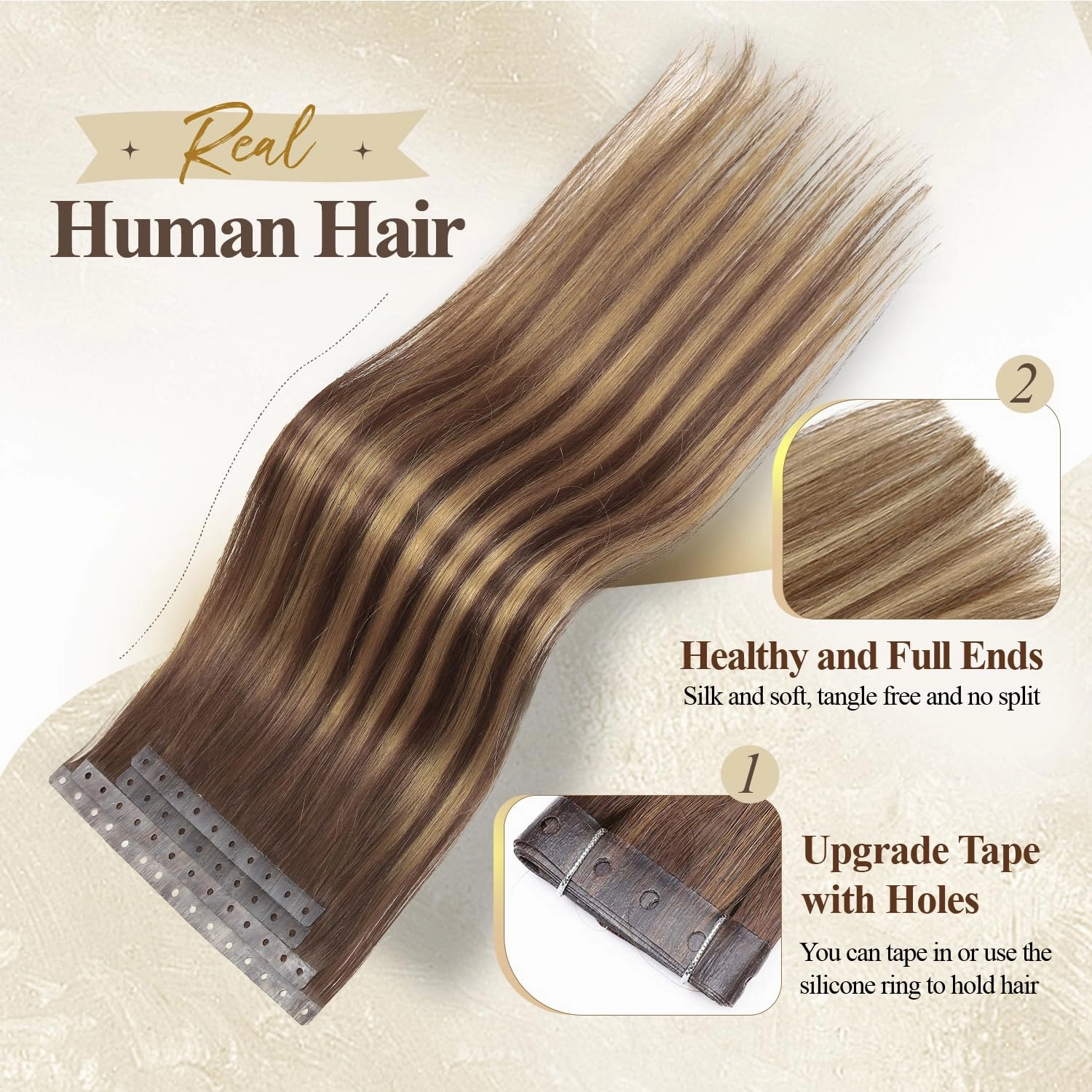Remy Human Hair Extension Micro Ring PU Hair Extensions T4/27 Highlight PU Invisible Hole Weft Human Hair Extensions Bead Weft Hair Extension Tape in Human Hair for Women (40g 4Pcs,22 Inch)