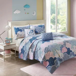 Reversible Cotton Quilt Set - Vibrant Fun, Playful Print, All Season Children Bedding Coverlet Bedspread, Decorative Pillow, Bedroom Décor, Twin/Twin XL, Cloud Blue 4 Piece