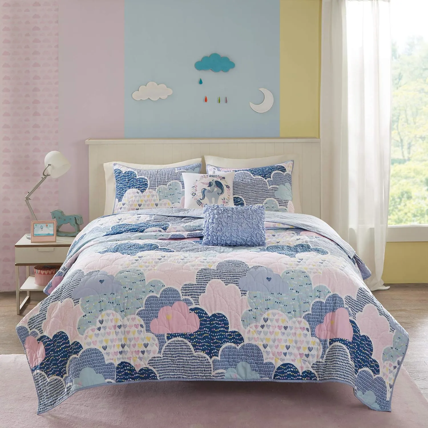 Reversible Cotton Quilt Set - Vibrant Fun, Playful Print, All Season Children Bedding Coverlet Bedspread, Decorative Pillow, Bedroom Décor, Twin/Twin XL, Cloud Blue 4 Piece