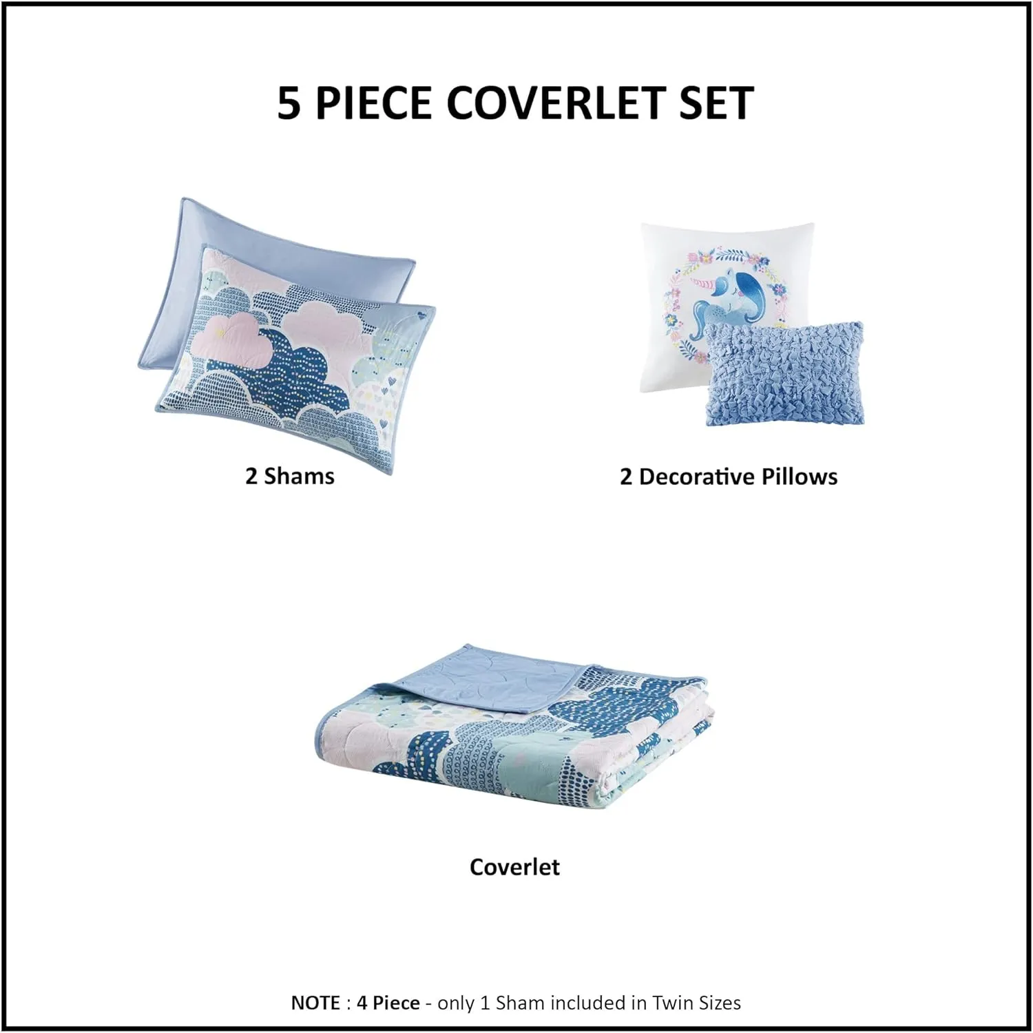 Reversible Cotton Quilt Set - Vibrant Fun, Playful Print, All Season Children Bedding Coverlet Bedspread, Decorative Pillow, Bedroom Décor, Twin/Twin XL, Cloud Blue 4 Piece