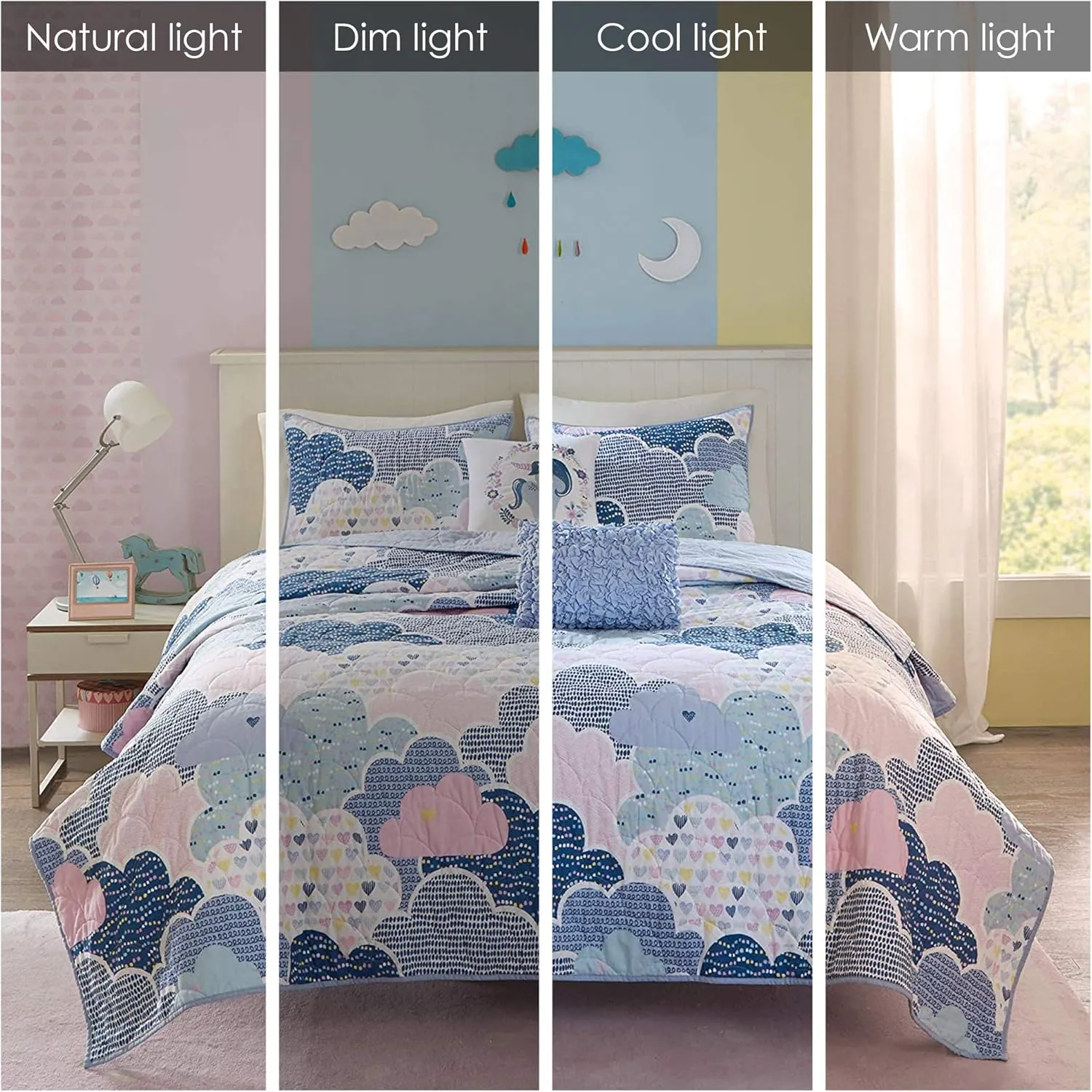 Reversible Cotton Quilt Set - Vibrant Fun, Playful Print, All Season Children Bedding Coverlet Bedspread, Decorative Pillow, Bedroom Décor, Twin/Twin XL, Cloud Blue 4 Piece