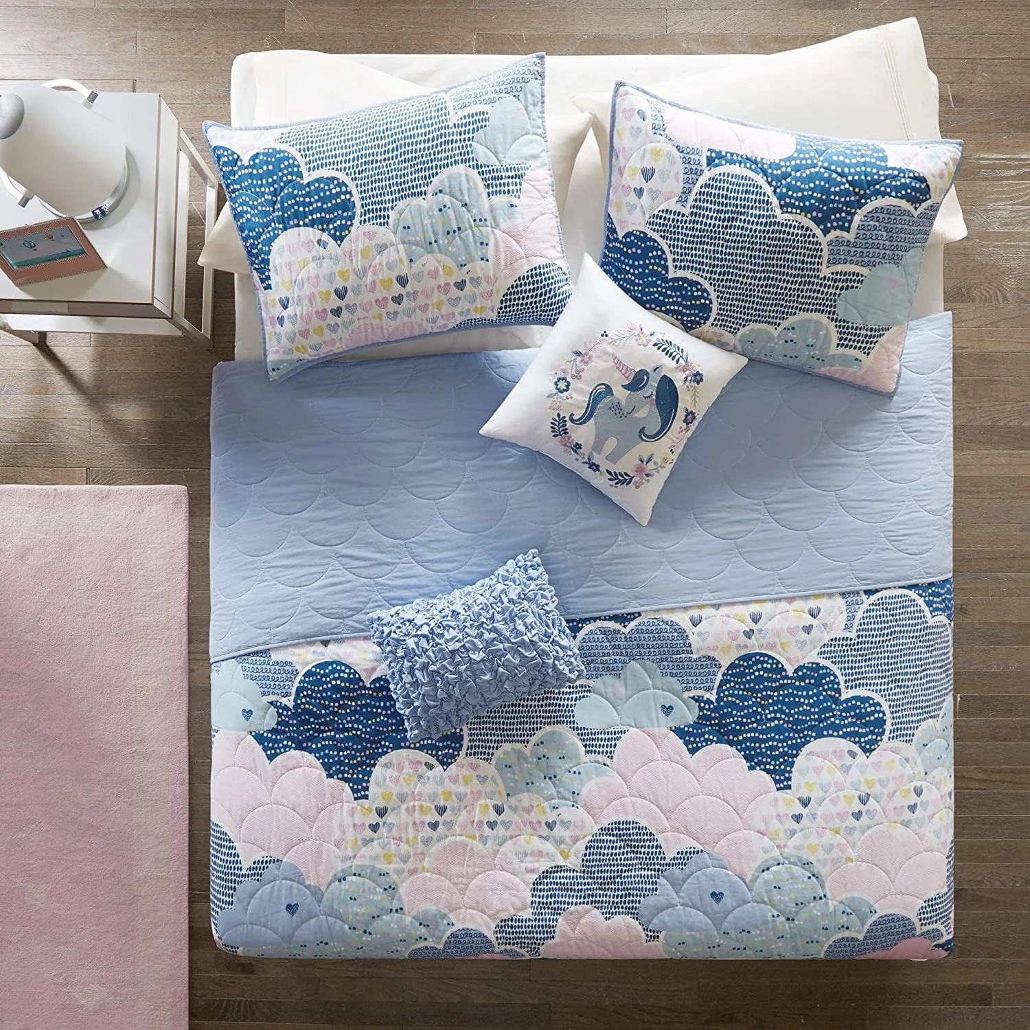 Reversible Cotton Quilt Set - Vibrant Fun, Playful Print, All Season Children Bedding Coverlet Bedspread, Decorative Pillow, Bedroom Décor, Twin/Twin XL, Cloud Blue 4 Piece
