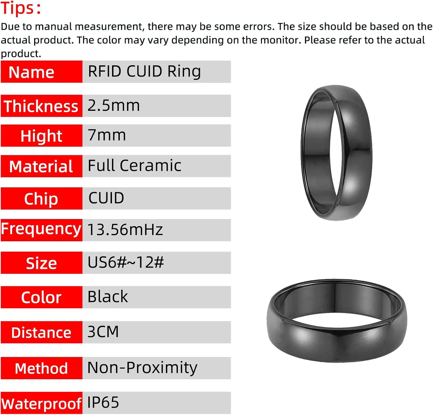 RFID Rewritable 13.56mHz IC Changeable Black Ceramics Smart Ring for Clone Mifare 1K S50 or FM1108 Access Control Key Cards(Black, US 9#)
