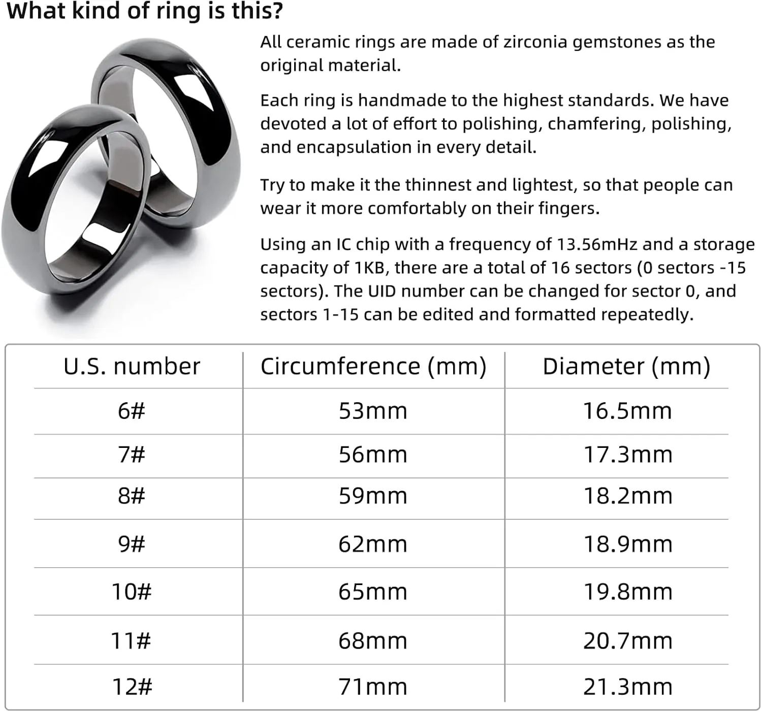RFID Rewritable 13.56mHz IC Changeable Black Ceramics Smart Ring for Clone Mifare 1K S50 or FM1108 Access Control Key Cards(Black, US 9#)