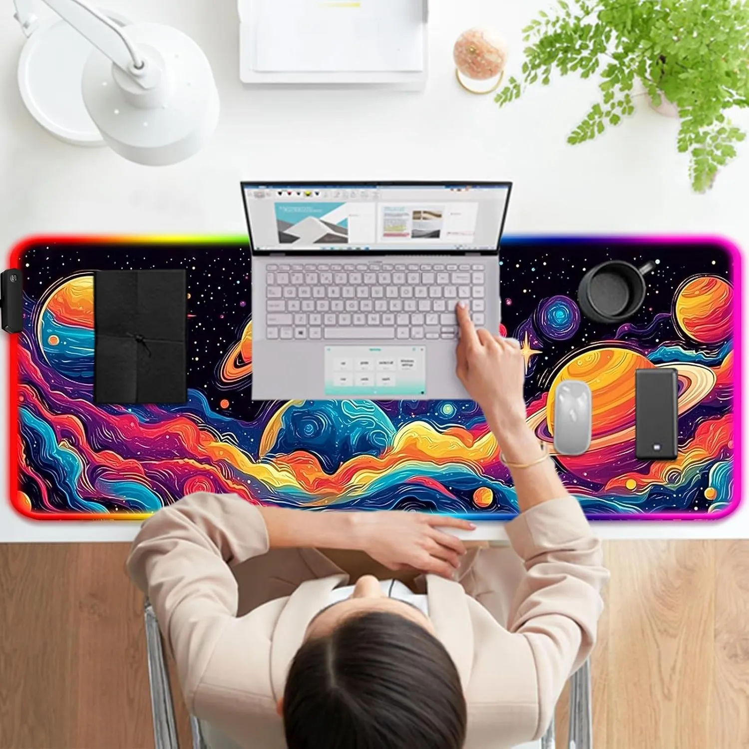 RGB Fantasy Space Planet Gaming Desk Mat, Computer Keyboard Large Extended Long Boy LED Mouse Pad for Office and Home, XL (W09)