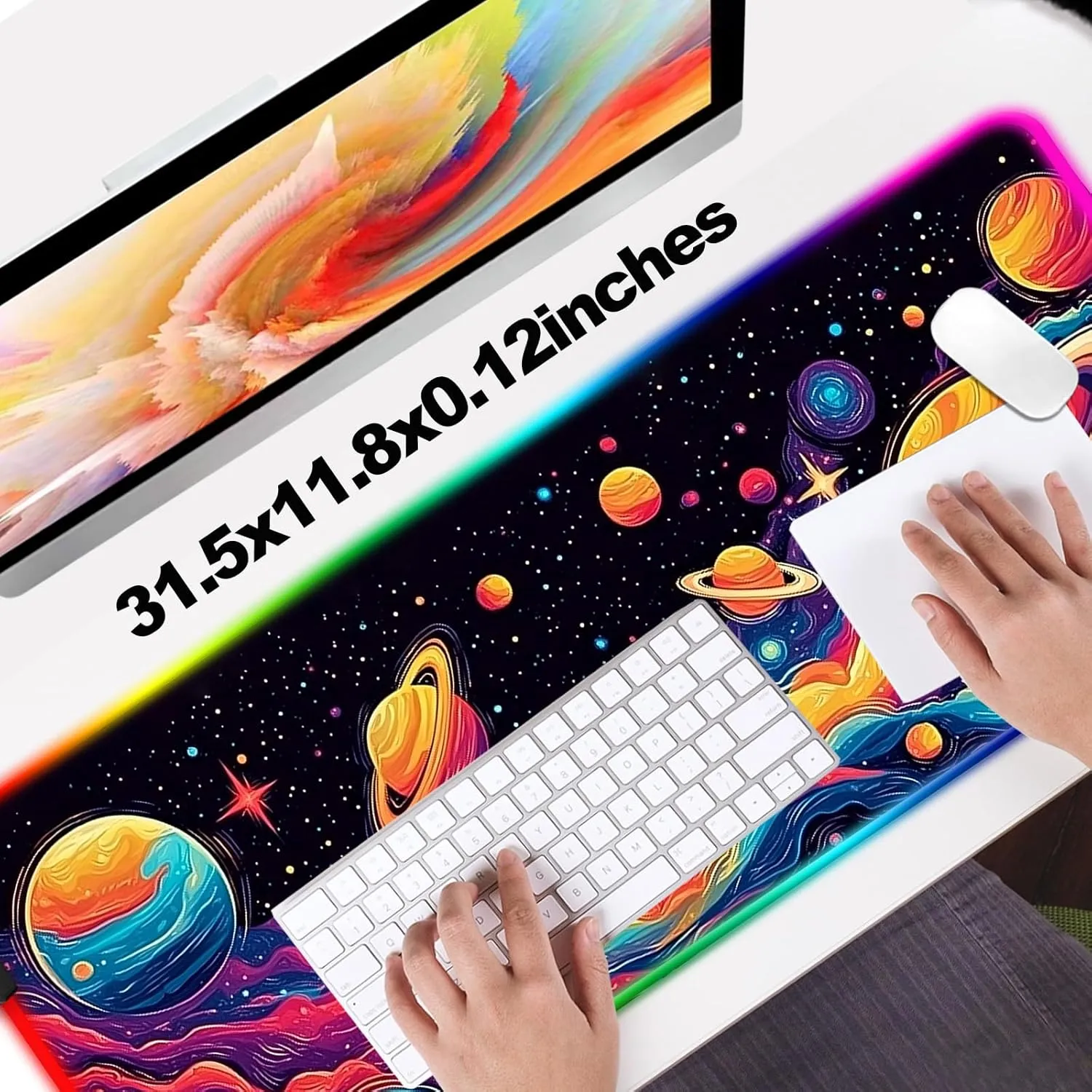 RGB Fantasy Space Planet Gaming Desk Mat, Computer Keyboard Large Extended Long Boy LED Mouse Pad for Office and Home, XL (W09)