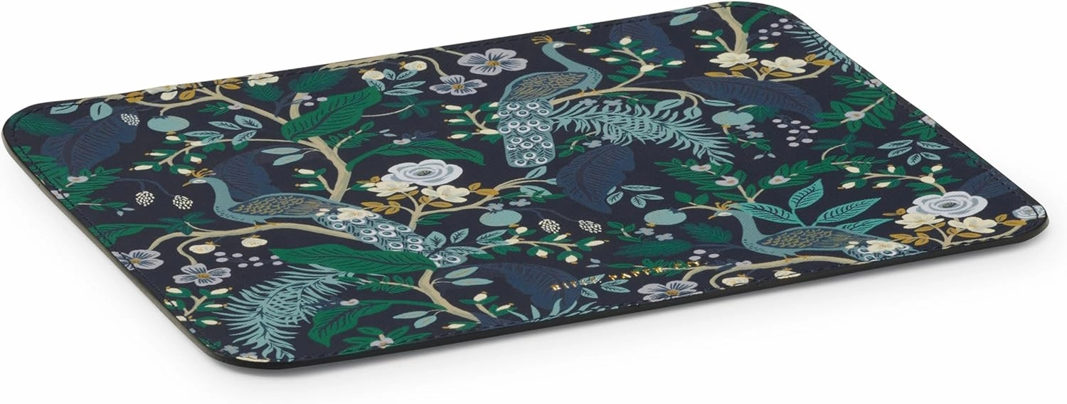 RIFLE PAPER CO. Floral Patterned Mouse Pad | Add a Touch of Charm to Your Workspace | Smooth Polyurethane Finish Allows Mouse to Glide, with Non-Slip Rubber Backing, Peacock