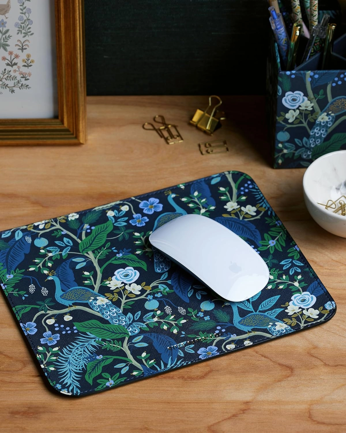 RIFLE PAPER CO. Floral Patterned Mouse Pad | Add a Touch of Charm to Your Workspace | Smooth Polyurethane Finish Allows Mouse to Glide, with Non-Slip Rubber Backing, Peacock