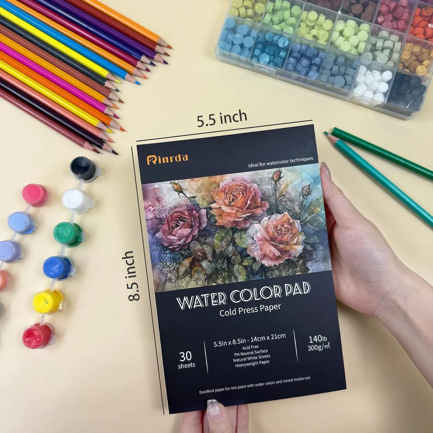 Rinrda Watercolor Pads 5.5x8.5in 3 Pack,90 Sheets of Water Color Paper 140 lb -300GSM Cold Press Acid-Free Paper for Painting & Drawing, Wet, Mixed Media