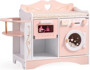ROBOTIME Wooden 6-in-1 Baby Doll Changing Table with Baby Doll Crib, Washing Machine, Bottle Sterilizer, Storage Area, and Doll Seat, Ideal Role-Playing Toy for Kids 3 , Fits Dolls Up to 20 in, Pink