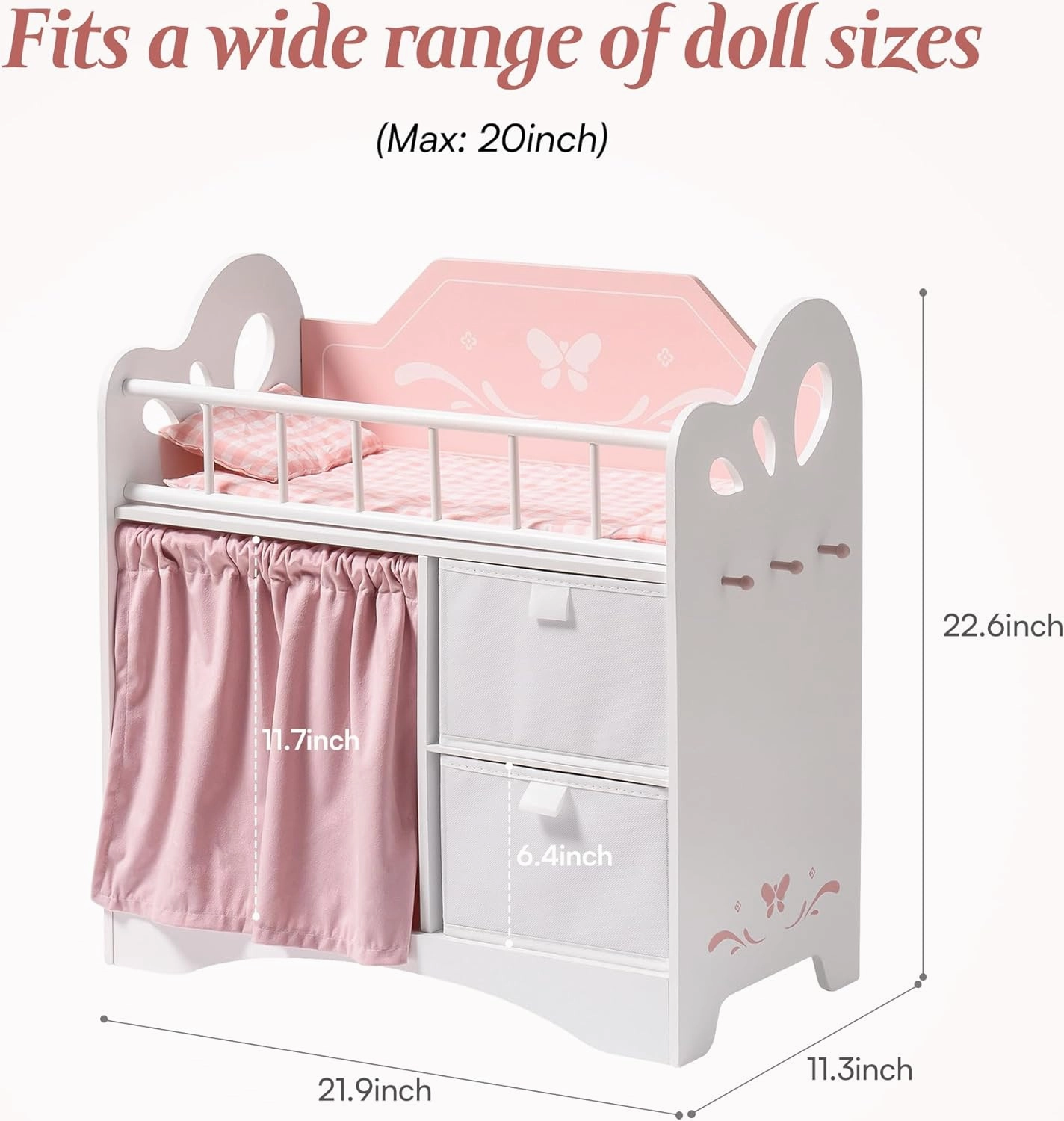 ROBOTIME Baby Doll Crib, Wooden Doll Bed, Toy Baby Crib with Storage, Bedding, and Wooden Hooks, Doll Crib Fits Dolls up to 21", Doll Furniture for American Girls Ages 3  (Pink)
