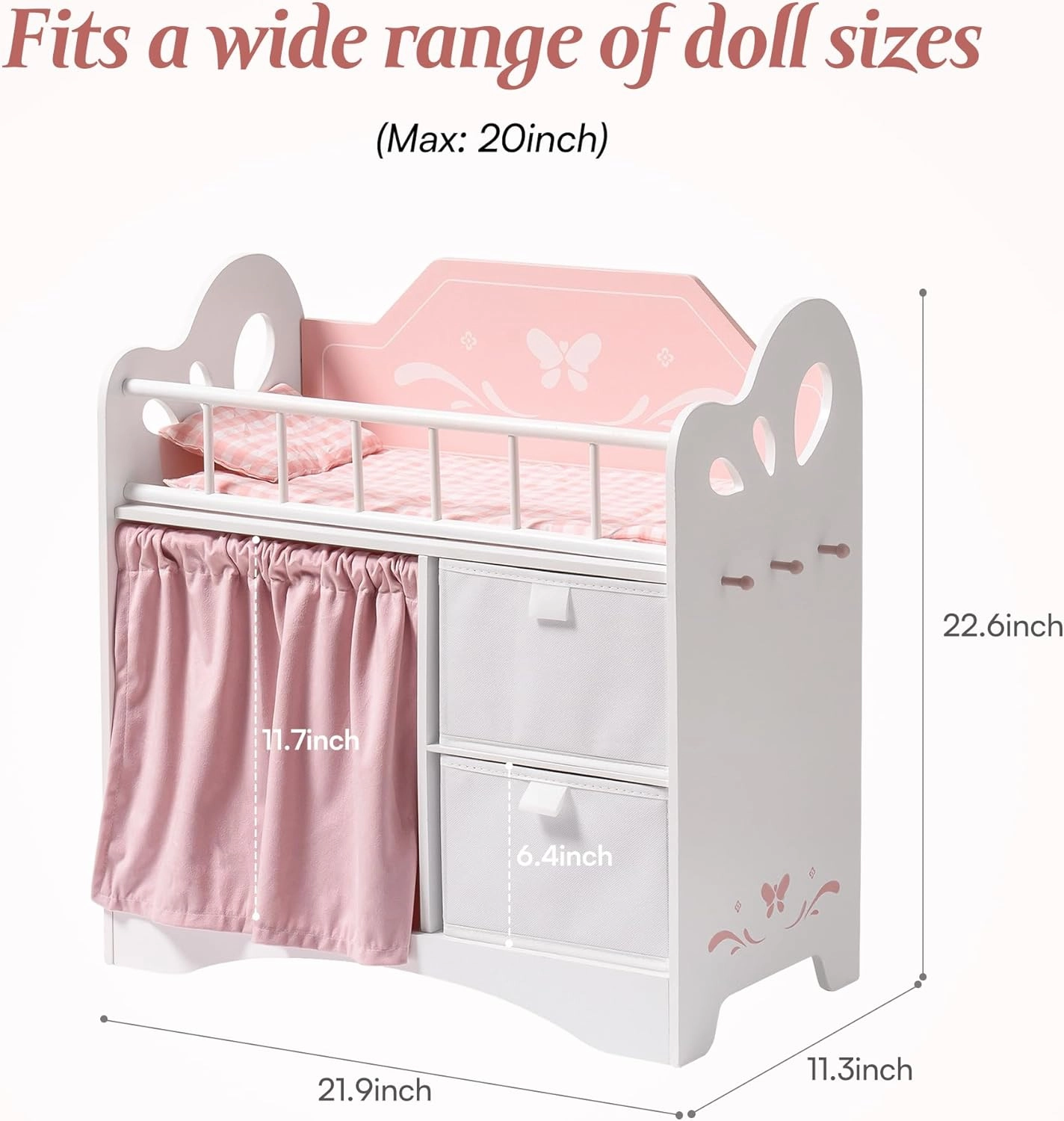 ROBOTIME Baby Doll Crib, Wooden Doll Bed, Toy Baby Crib with Storage, Bedding, and Wooden Hooks, Doll Crib Fits Dolls up to 21", Doll Furniture for American Girls Ages 3  (Pink)