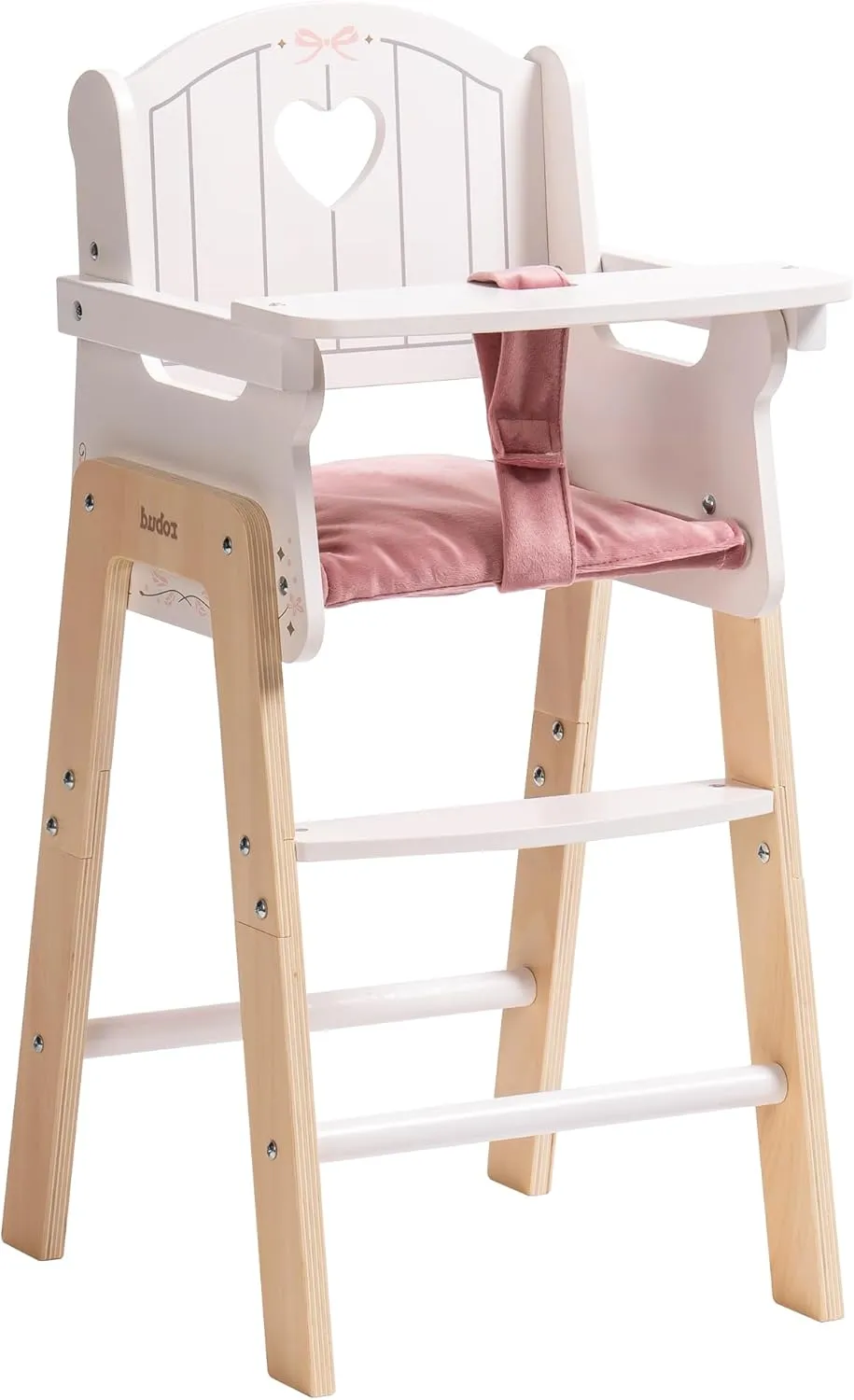 ROBUD Play High Chair, Pretend Play High Chair with Cushion, Movable Table, Wooden Baby Doll Accessories, Fits 18-20 Inch Dolls, White