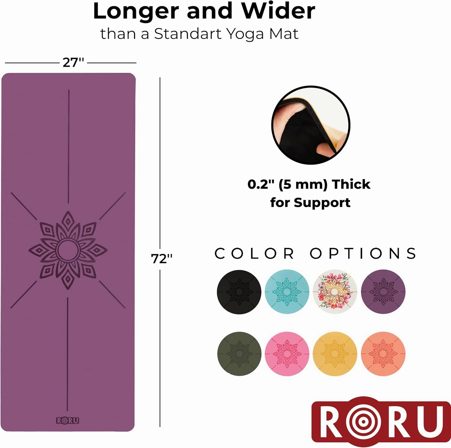 RORU Concept Sun & PRO Series Yoga Mat Thick Non Slip Large and Wide 72 x 27 inch & 68 x 24 inch Yoga Mat Non Slip, Workout Exercise Mat for Pilates, for Women and Men