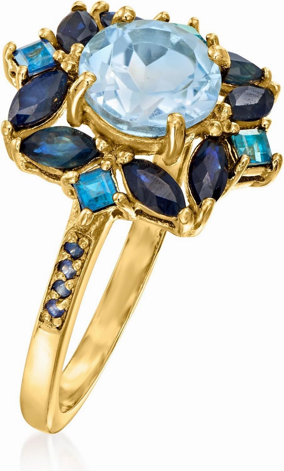 Ross-Simons 1.80 Carat Sky Blue Topaz, 2.40 ct. t.w. Sapphire and .80 ct. t.w. London Blue Topaz Ring in 18kt Gold Over Sterling