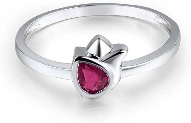 Ruby Ring For Women, 14K White Gold Ring - Red Ruby Ring, Natural Ruby Gemstone Vintage Red Stone Rings For Couple Engagement Ring & Wedding Band