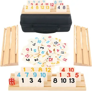 Rummy Game with Case 2-4 Players Board Game Set for Adults with Black Portable Storage Case 106 Rummy Tiles 4PCS Wooden Trays Racks for Family Classic Travel Game