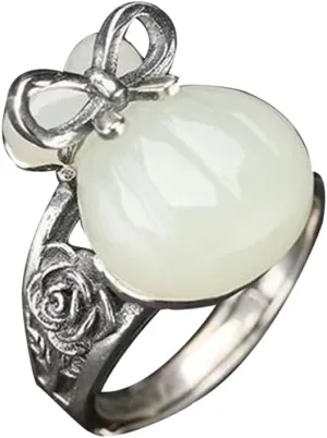 S925 Silver with Natural Hetian White Jade Blessing Bag Ring (Adjustable Opening) for Women Yoga Genuine