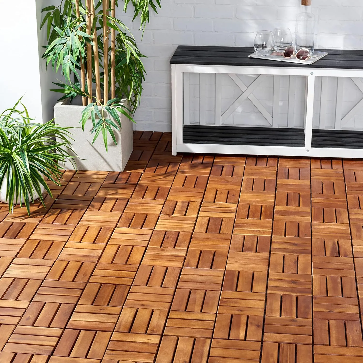 SAFAVIEH Outdoor Collection Hanoi Natural Acacia Wood 12-Slat Interlocking Floor Tile Patio Deck 12 x 12-inch (Set of 10)