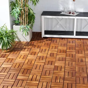 SAFAVIEH Outdoor Collection Hanoi Natural Acacia Wood 12-Slat Interlocking Floor Tile Patio Deck 12 x 12-inch (Set of 10)
