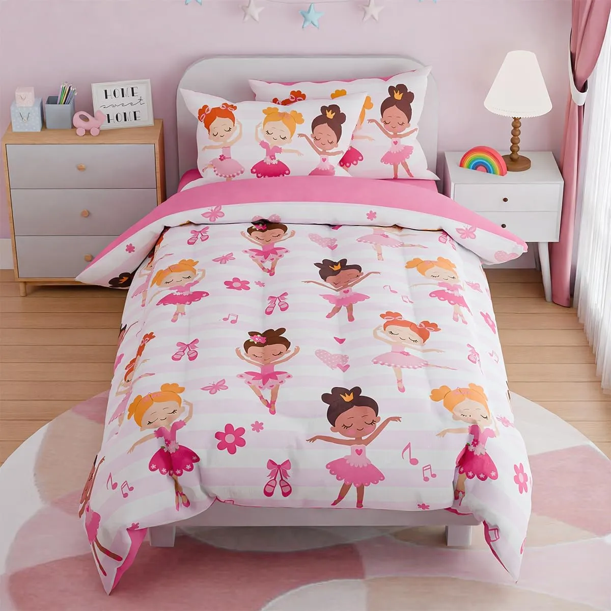 SANDJEST Ballet Full Bedding Sets for Girls, Ultra Soft Microfiber Comforter Set with 4-Pieces, Comforters Kids Bed Set for Children Teen Tween Bedroom Decor
