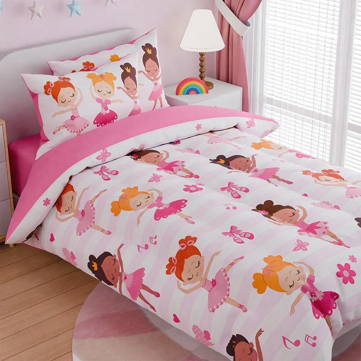 SANDJEST Ballet Full Bedding Sets for Girls, Ultra Soft Microfiber Comforter Set with 4-Pieces, Comforters Kids Bed Set for Children Teen Tween Bedroom Decor