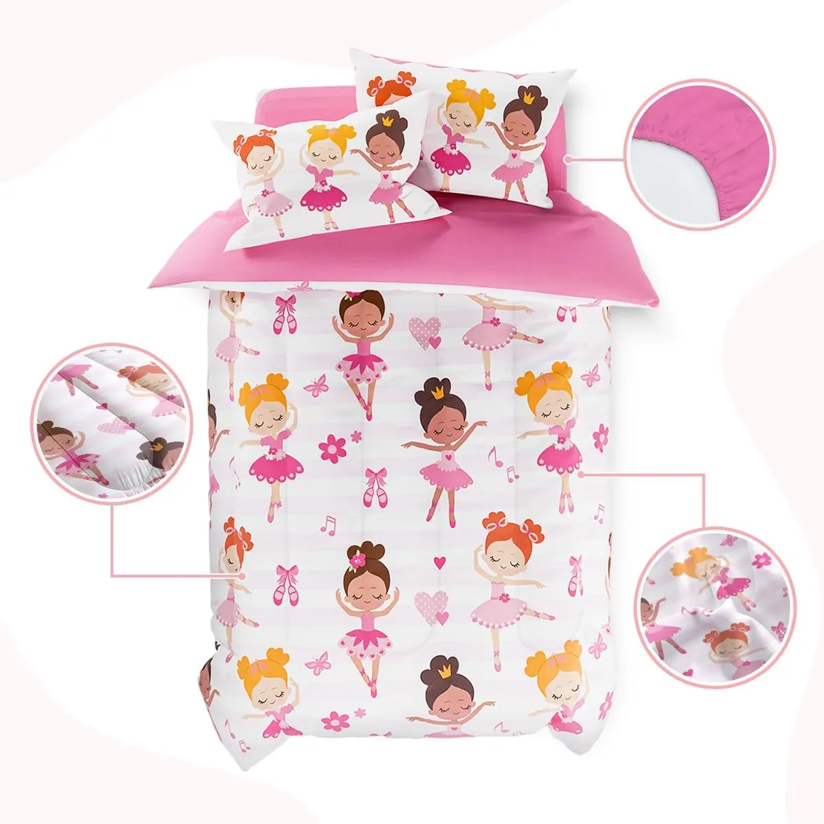 SANDJEST Ballet Full Bedding Sets for Girls, Ultra Soft Microfiber Comforter Set with 4-Pieces, Comforters Kids Bed Set for Children Teen Tween Bedroom Decor
