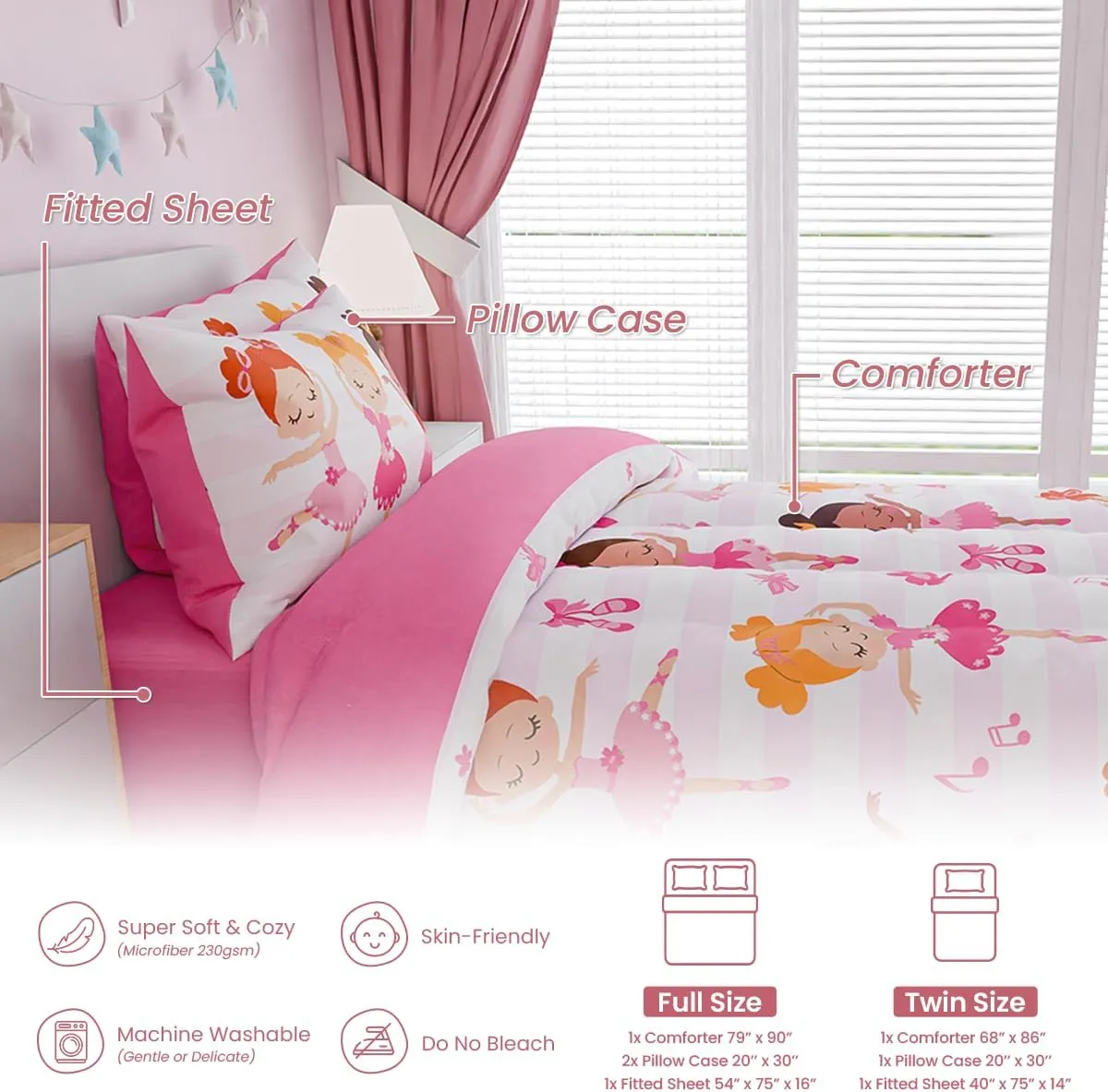 SANDJEST Ballet Full Bedding Sets for Girls, Ultra Soft Microfiber Comforter Set with 4-Pieces, Comforters Kids Bed Set for Children Teen Tween Bedroom Decor