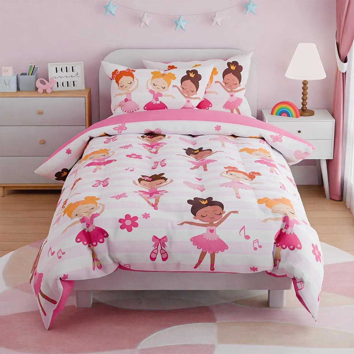 SANDJEST Ballet Full Bedding Sets for Girls, Ultra Soft Microfiber Comforter Set with 4-Pieces, Comforters Kids Bed Set for Children Teen Tween Bedroom Decor