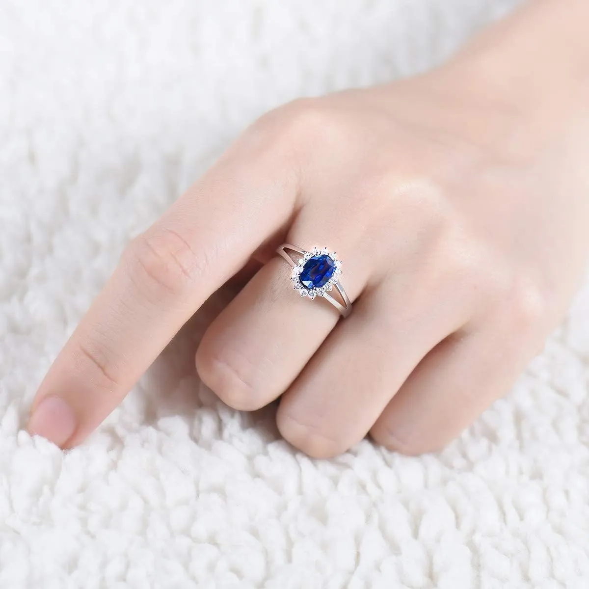 Sapphire Ring For Women, 14K Solid White Gold Rings - Blue Sapphire Ring with Diamond, Natural Sapphire Cluster Ring & Real Diamond Gemstone Rings For Couple Engagement Ring Jewelry