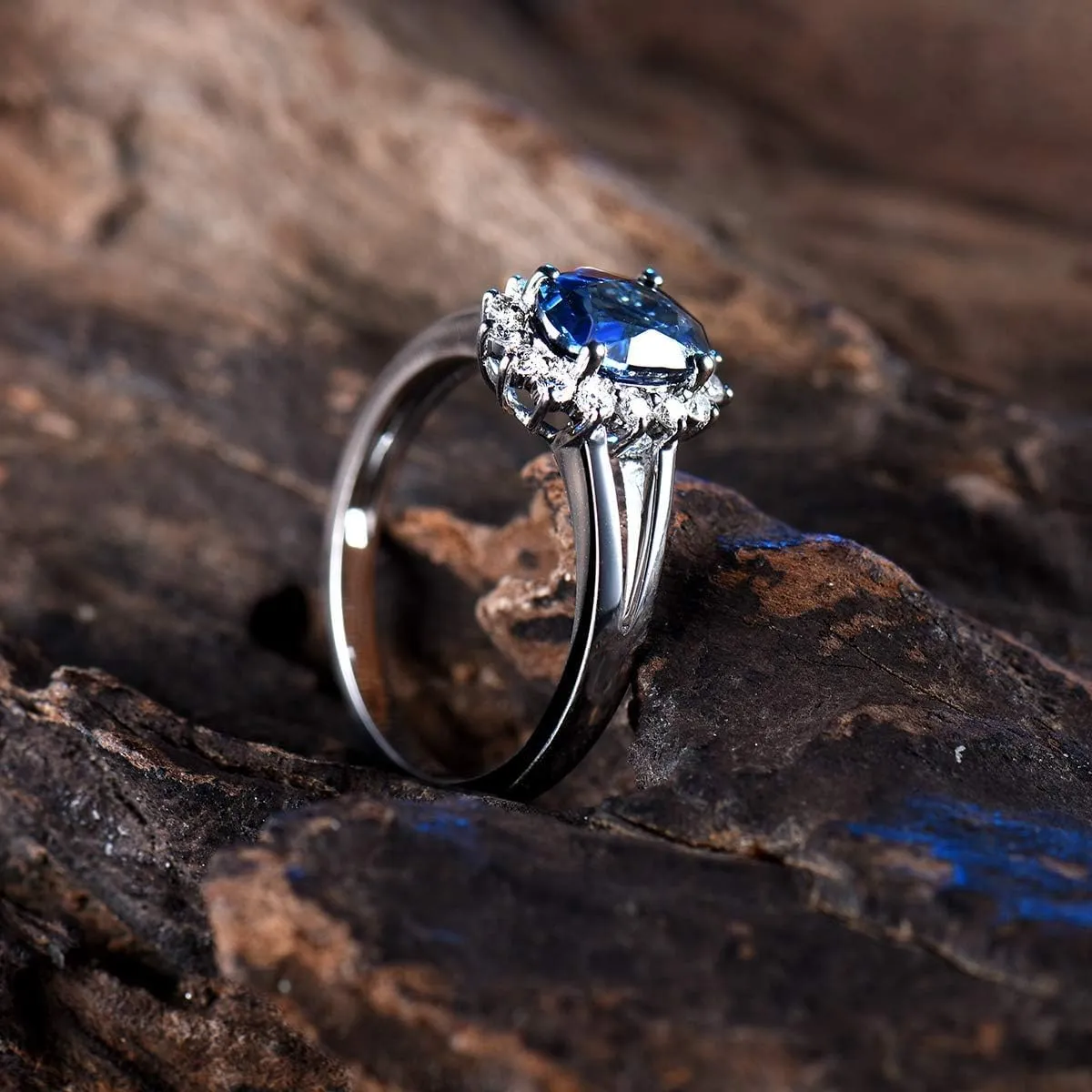 Sapphire Ring For Women, 14K Solid White Gold Rings - Blue Sapphire Ring with Diamond, Natural Sapphire Cluster Ring & Real Diamond Gemstone Rings For Couple Engagement Ring Jewelry