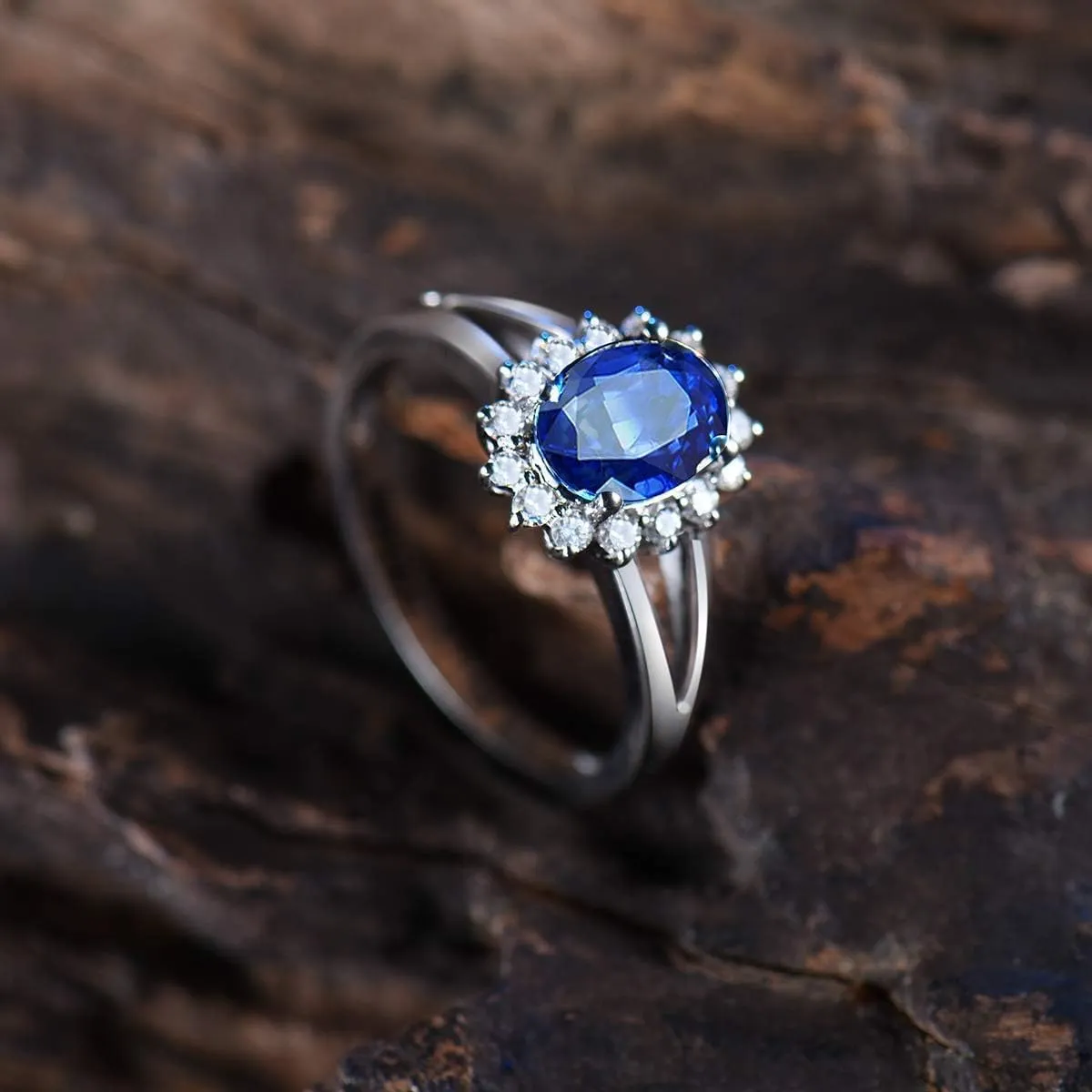 Sapphire Ring For Women, 14K Solid White Gold Rings - Blue Sapphire Ring with Diamond, Natural Sapphire Cluster Ring & Real Diamond Gemstone Rings For Couple Engagement Ring Jewelry