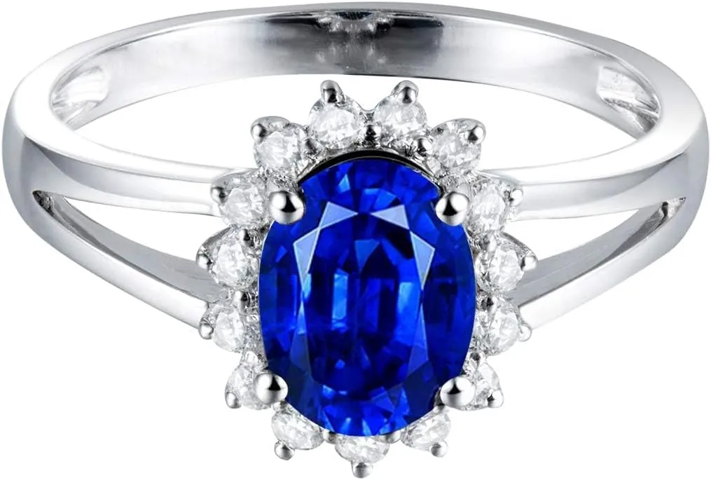 Sapphire Ring For Women, 14K Solid White Gold Rings - Blue Sapphire Ring with Diamond, Natural Sapphire Cluster Ring & Real Diamond Gemstone Rings For Couple Engagement Ring Jewelry