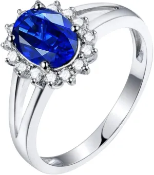 Sapphire Ring For Women, 14K Solid White Gold Rings - Blue Sapphire Ring with Diamond, Natural Sapphire Cluster Ring & Real Diamond Gemstone Rings For Couple Engagement Ring Jewelry