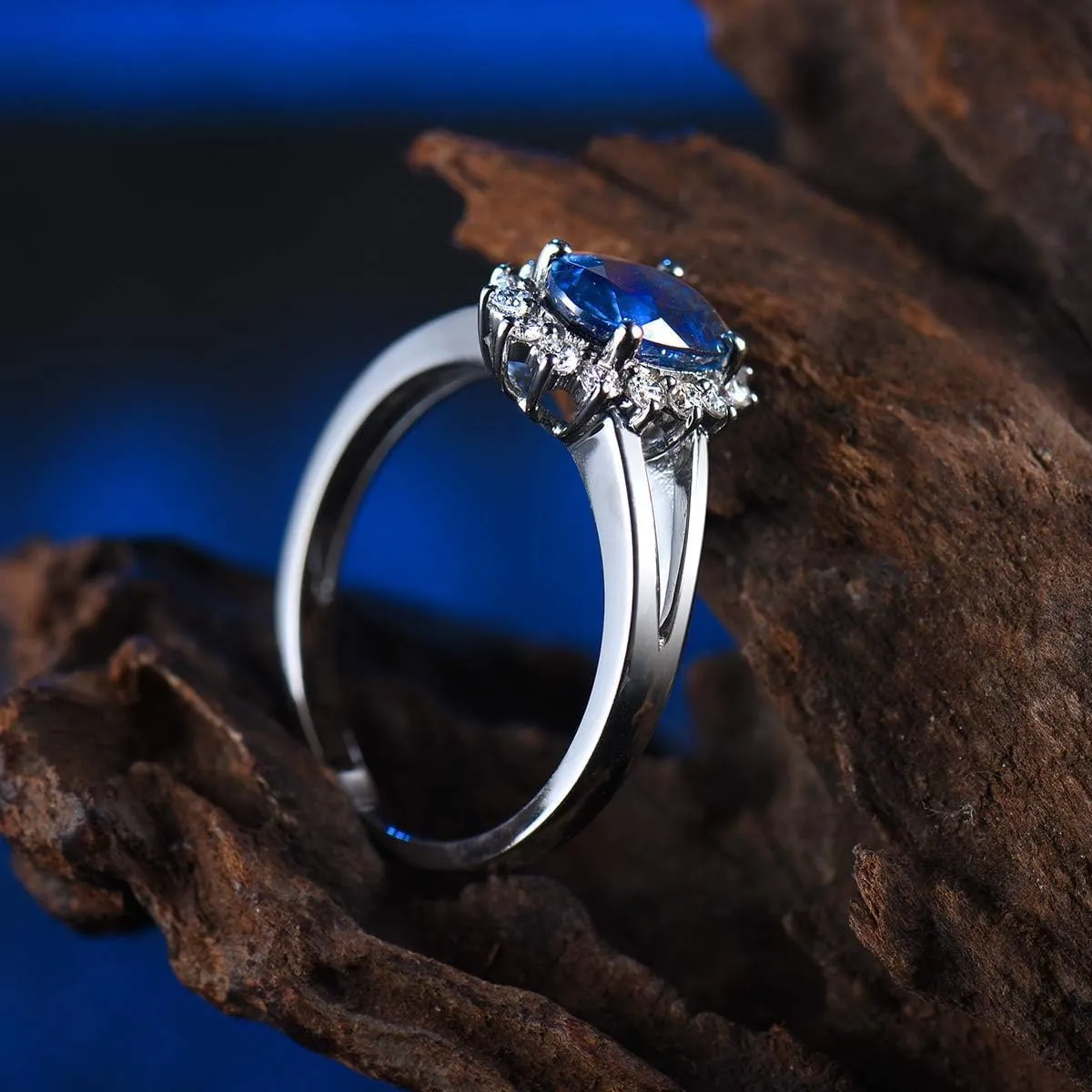 Sapphire Ring For Women, 14K Solid White Gold Rings - Blue Sapphire Ring with Diamond, Natural Sapphire Cluster Ring & Real Diamond Gemstone Rings For Couple Engagement Ring Jewelry