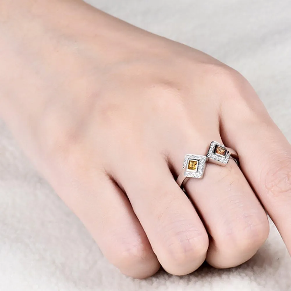 Sapphire Ring For Women, 14K White Gold Rings - Yellow Sapphire Ring with Diamond, Natural Sapphire Two Stone Ring & Real Diamond Gemstone Rings For Couple Engagement Ring