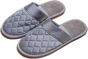 Satin Couple Home Slippers for Spring & Autumn, Indoor Closed-Toe Bedroom Slip-ons with Rhombic Pattern
