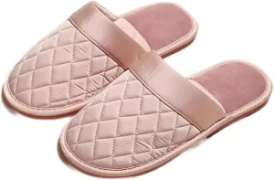 Satin Couple Home Slippers for Spring & Autumn, Indoor Closed-Toe Bedroom Slip-ons with Rhombic Pattern