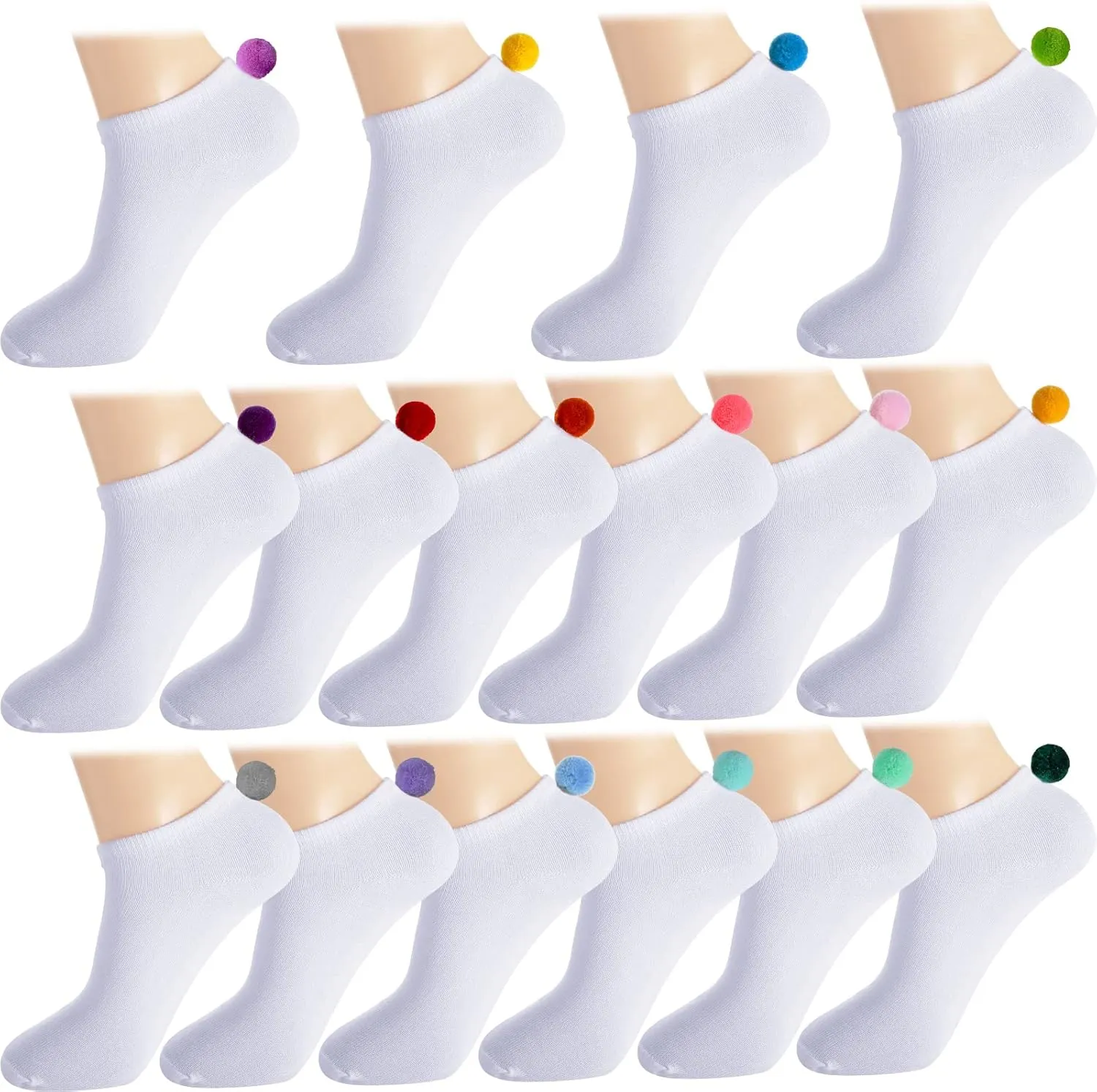 SATINIOR 16 Pairs Women Pom Pom Socks with Balls on The Back Ankle Lowcut Seamless Socks Seamless for Men Women