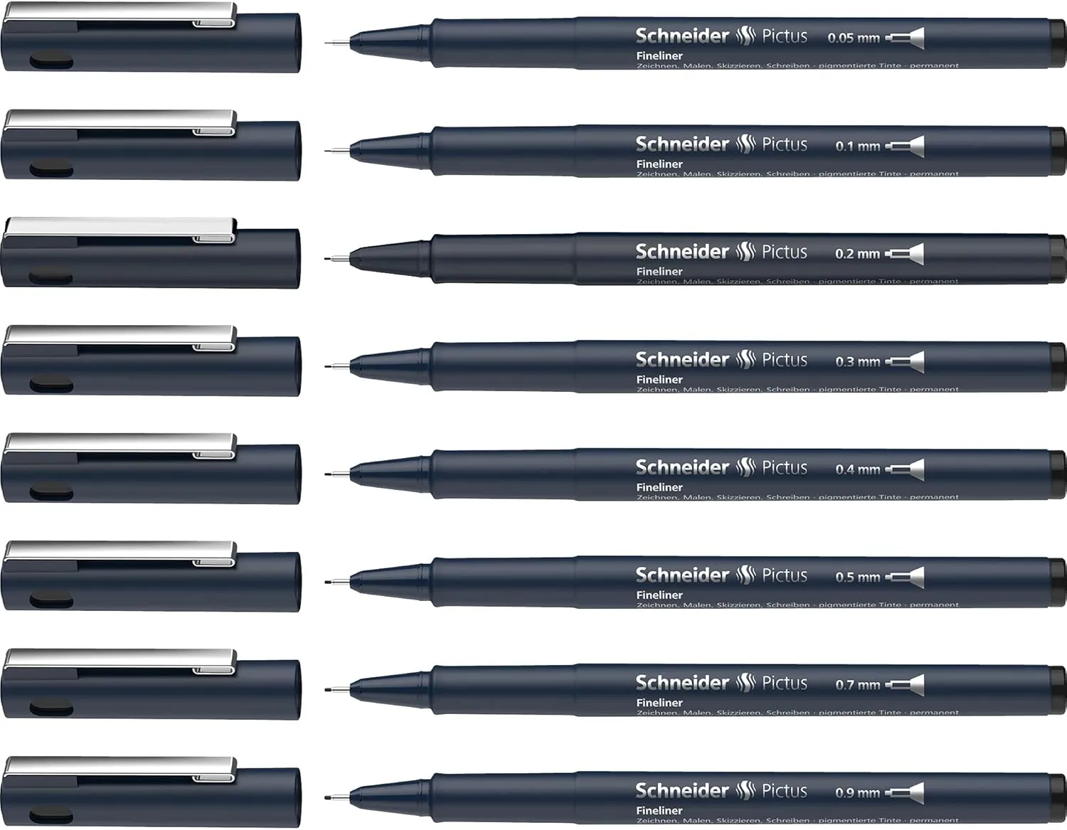 Schneider Pictus Fineliner Pens 8 Different Line Widths 0.05-0.9 mm Black Case of 8